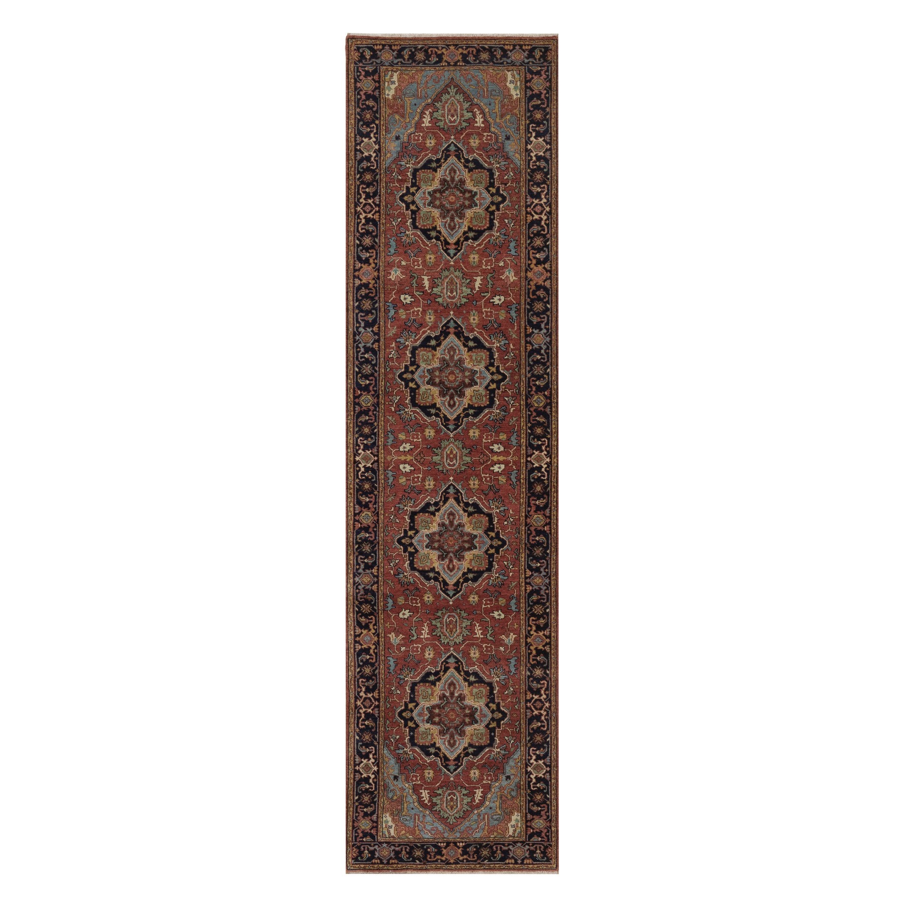 2'6"x10'2" Barn Red, Antiqued Fine Heriz Re-Creation, Medallions Design, Hand Knotted, Hand Spun New Zealand Wool, Denser Weave, Soft Pile, Vegetable Dyes, Runner, Oriental Rug 